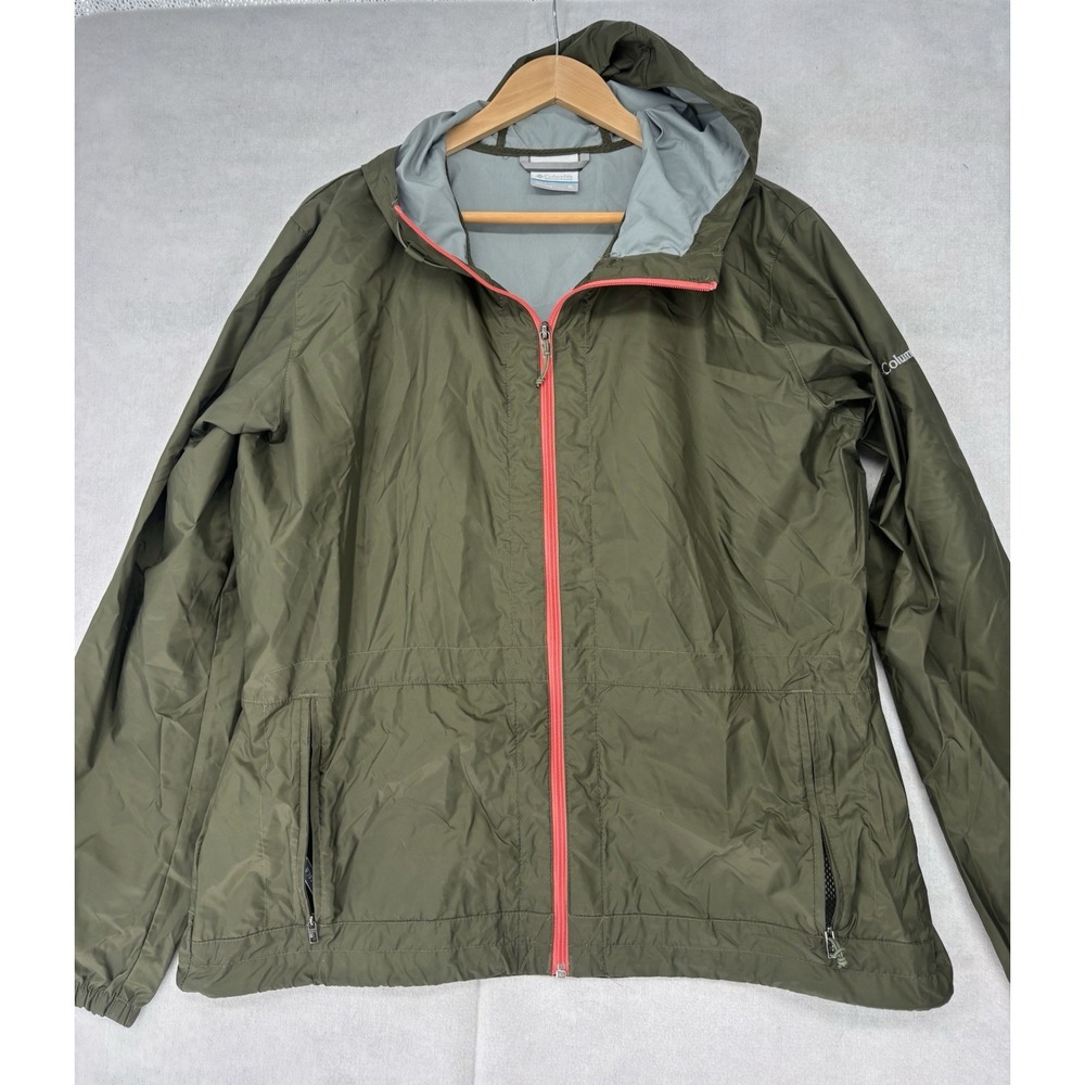 Columbia Rain Jacket Olive Green Women's XL Wind Breaker Hooded Coral Zipper